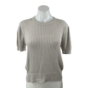 Muse Women's Gray Crochet Knit Crewneck Short Puff Sleeve Crop Sweater Top Sz M